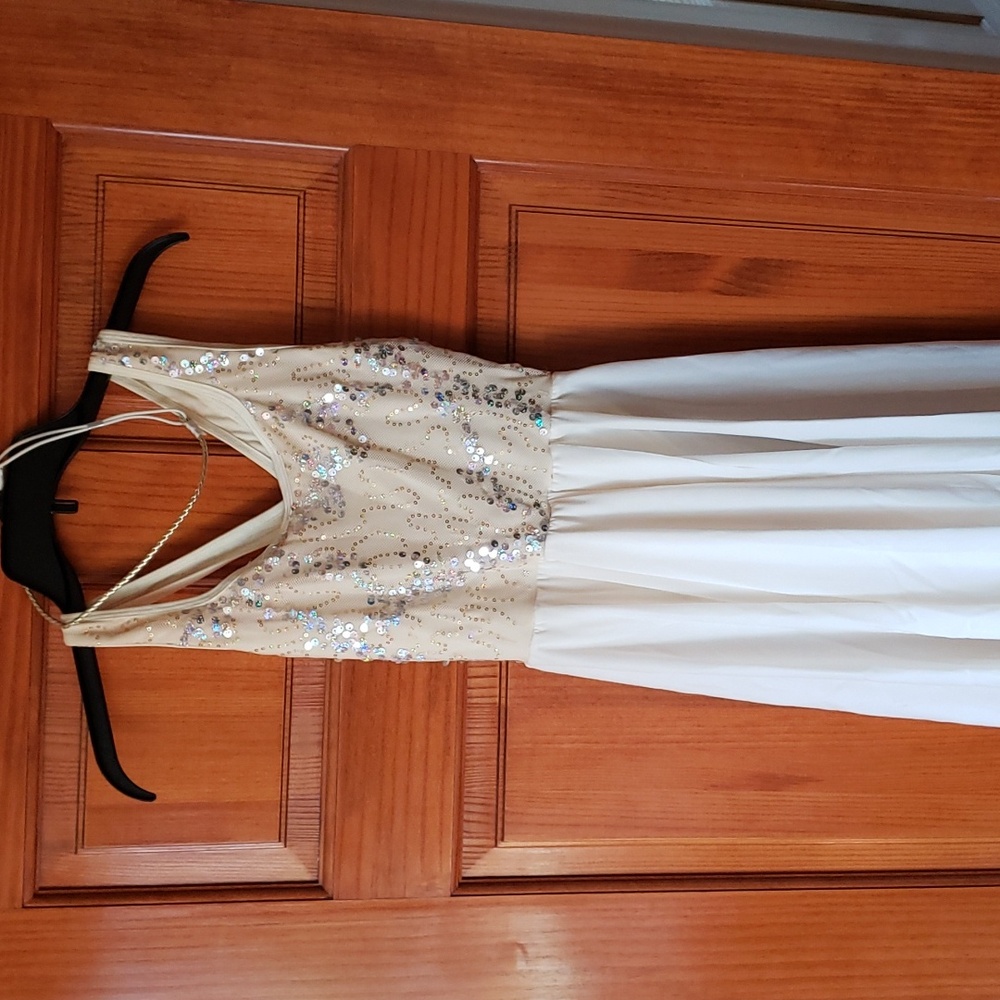 Ivory Lyrical dance dress, mesh back, internal leotard, flowy skirt. Adult Small